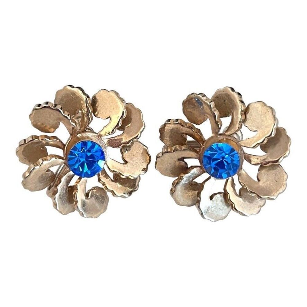 Vintage 1950s Floral Earrings Blue Crystal Screw Back - 1P